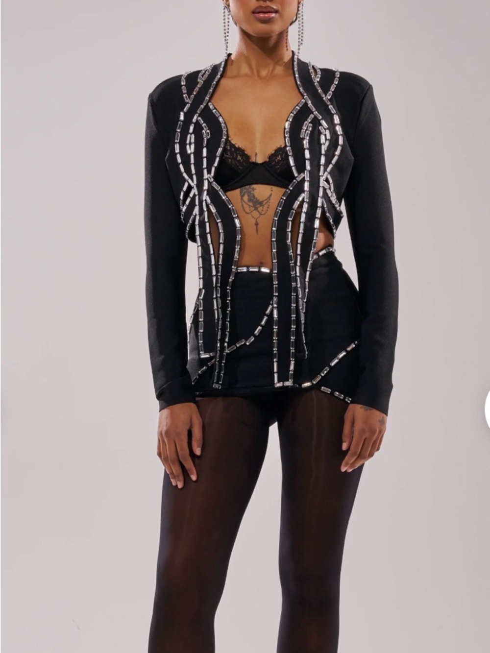 AKIRA Black Embellished Cutout Blazer and Skirt set with Silver Accents